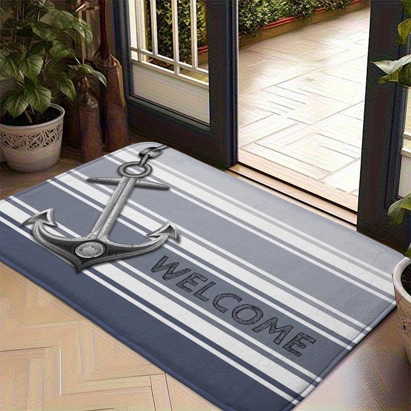 Nautical Anchor Welcome Doormat Grey Blue Stripe Entrance Rug Sailing Theme Non-Slip Floor Mat Coastal Home Room Decoration