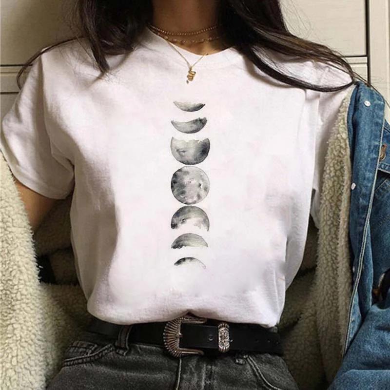 Women Summer Moon Print Short Sleeve T-Shirt