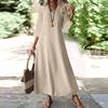 Женская мода V-образный вырез рукав семь карман однотонный молния повседневный отпуск длинные хлопково-льняные платья