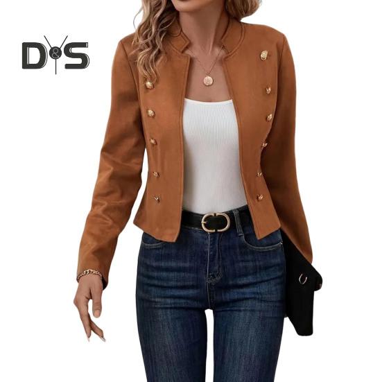 Женская куртка с воротником-стойкой, длинный рукав, двубортный короткий костюм, пальто, однотонная деловая верхняя одежда