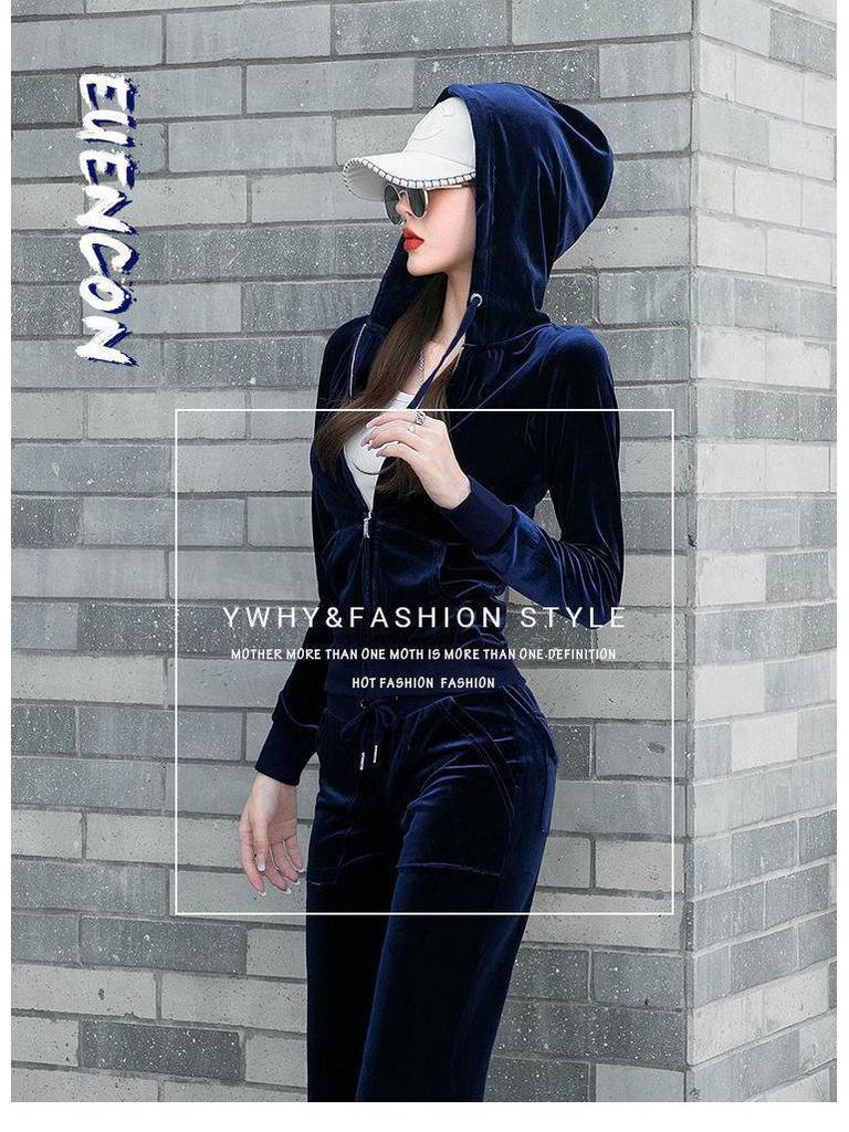 Women's Gold Velvet Hooded Sweatshirt and Straight Pants Two-Piece Sports Suit for Spring and Autumn