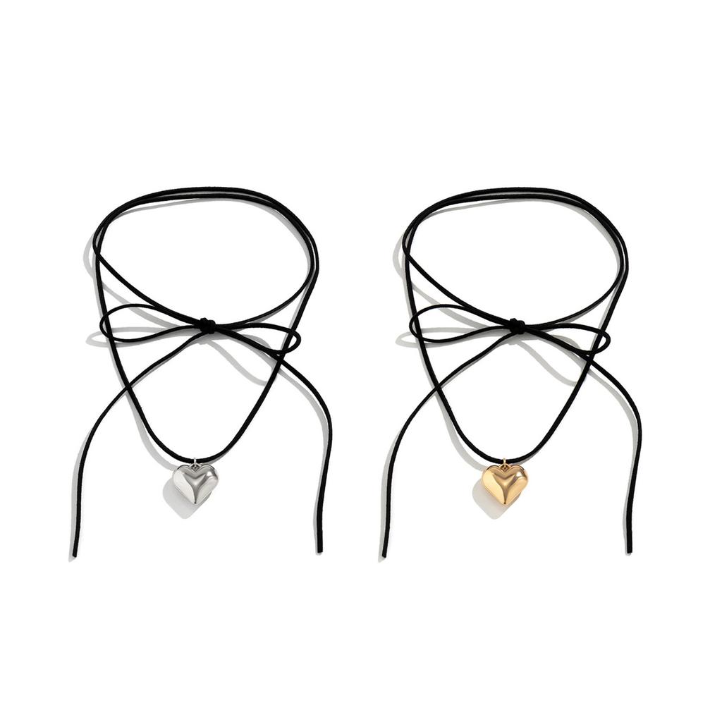 Adjustable Velvet Bowknot Choker Neck Tie Chain Heart Pendant Necklace Jewelry Elegant Clavicle Chain Necklace