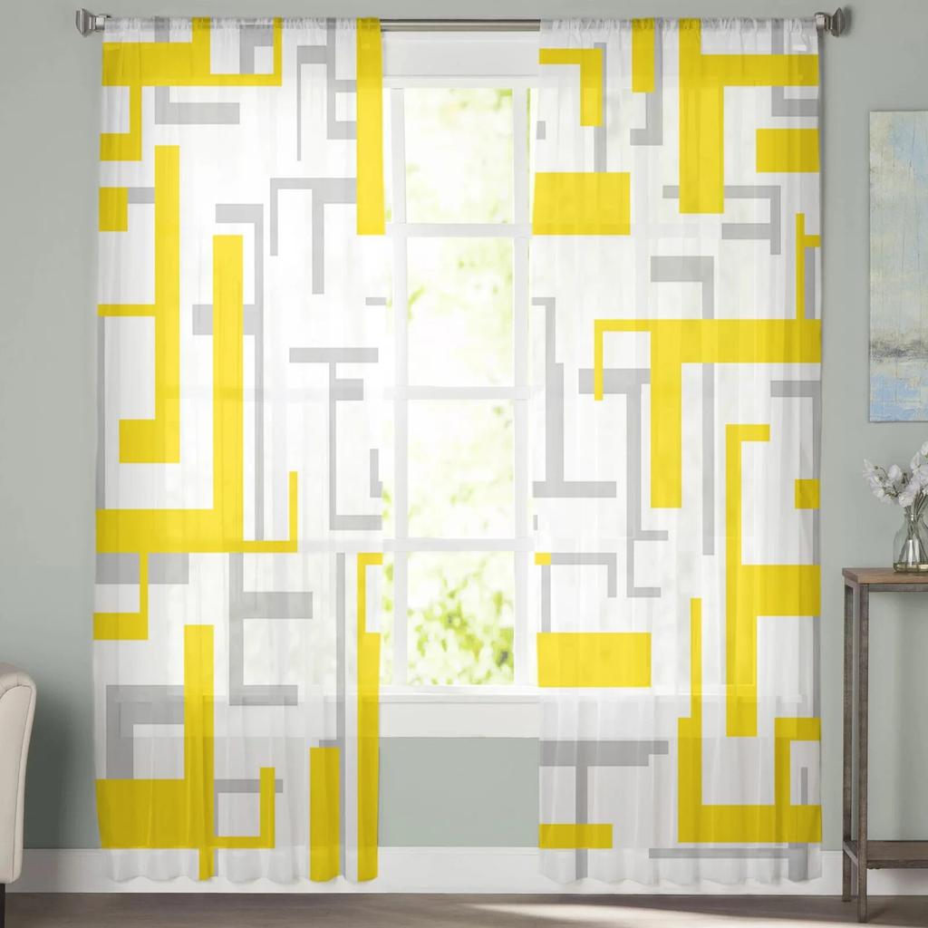 Art Geometry Yellow Grey Bedroom Transparent Sheer Curtains Holiday Decoration Window Voile Tulle Curtain