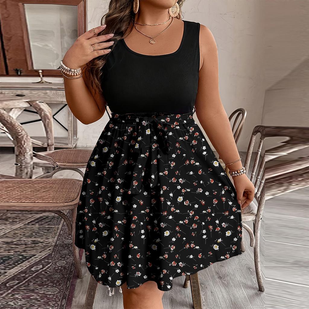 Женское модное повседневное платье без рукавов с цветным принтом и поясом большого размера