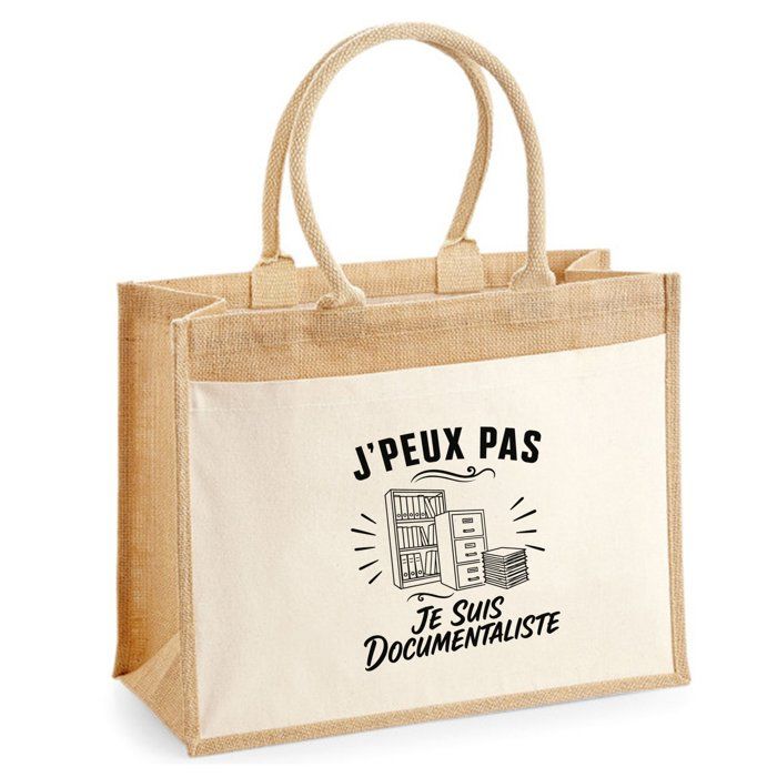 Sac cabas - PLANETEE - J'peux pas Documentaliste - Toile de jute et coton - Illustration trait noir - 21 L