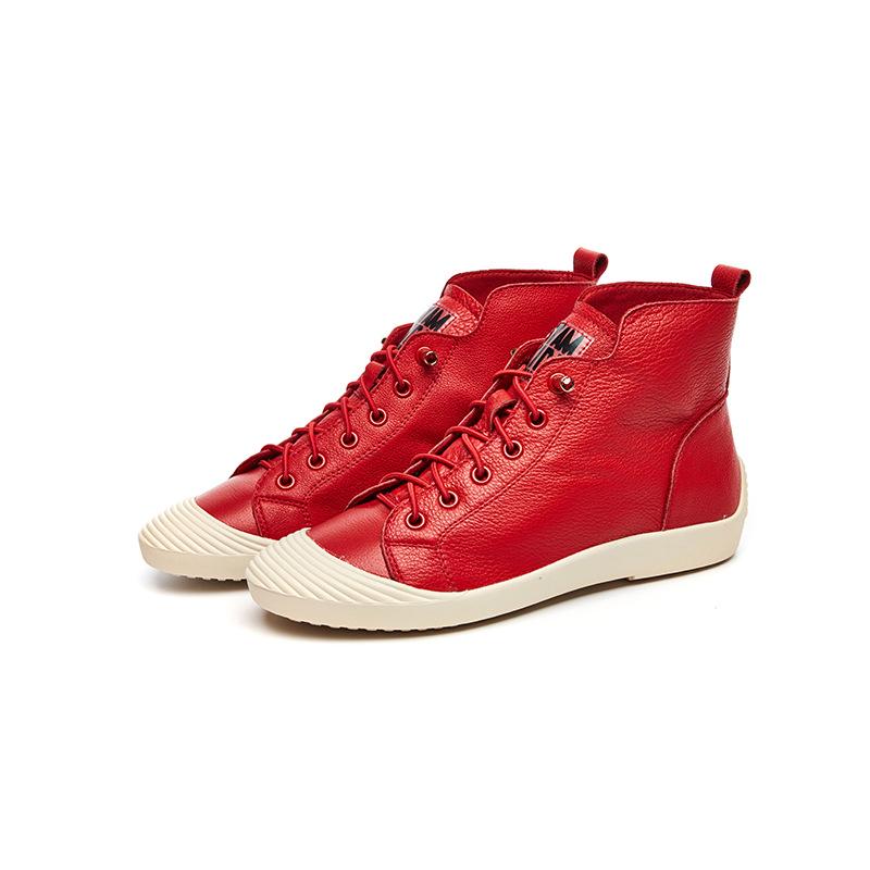 Red High-top Short Boots Women's Leather Autumn and Winter New Single-sided Flat-bottomed Shell-head Single Shoes Casual Four-season White Shoes Tide