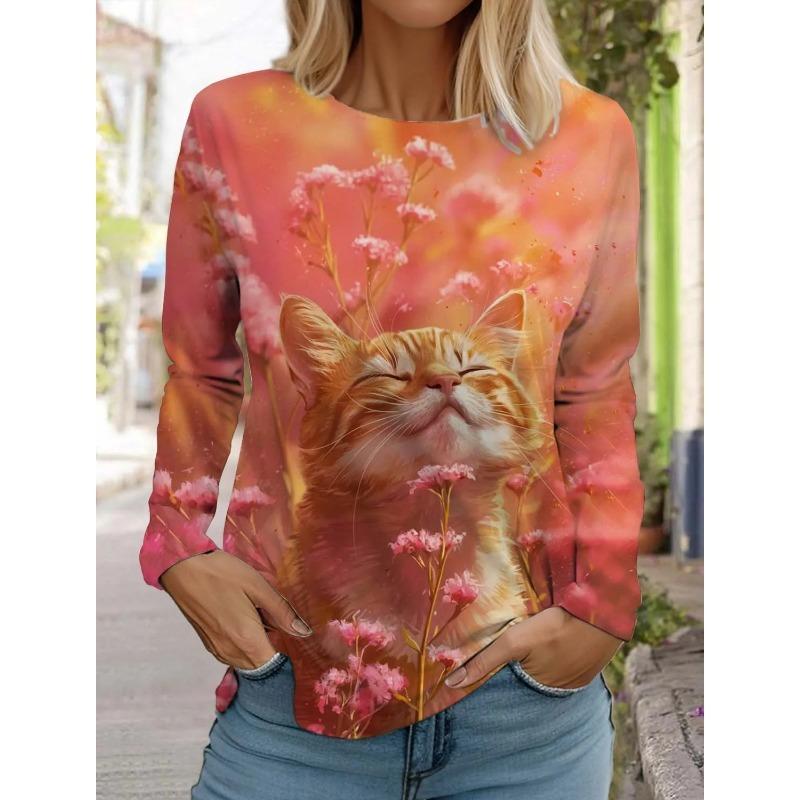 Women's Cute Cat Long Sleeves T-Shirt Round Neck Long Sleeved Autumn Animal Clothing Holiday Gift Clothing Fashion Party T-Shirt