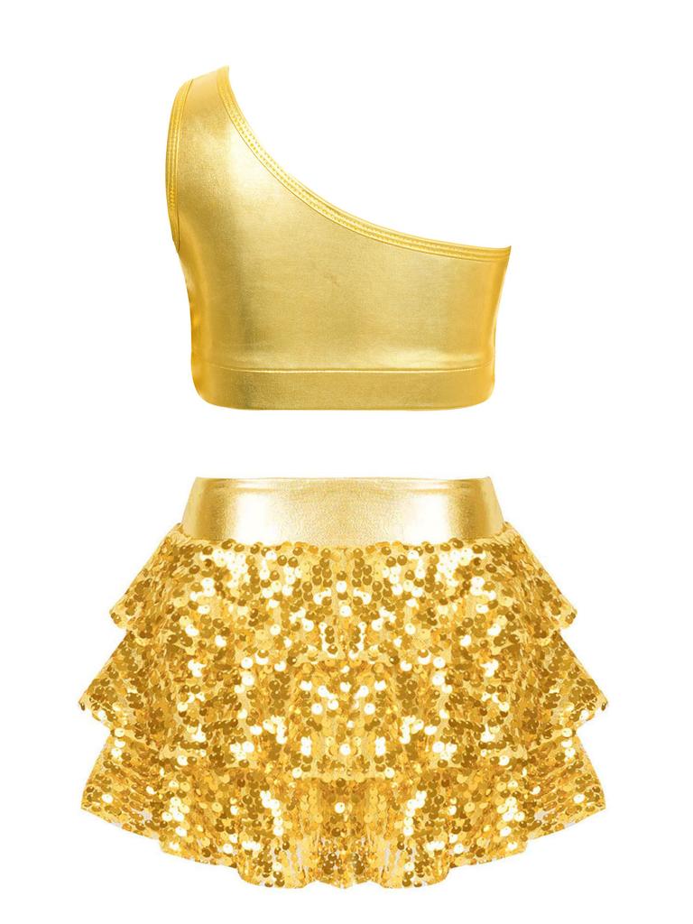 Kids Girls Sparkly Sequins Dance Outfits Sleeveless Tank Crop Top with Skirt Hip Hop Jazz Latin Stage Costume