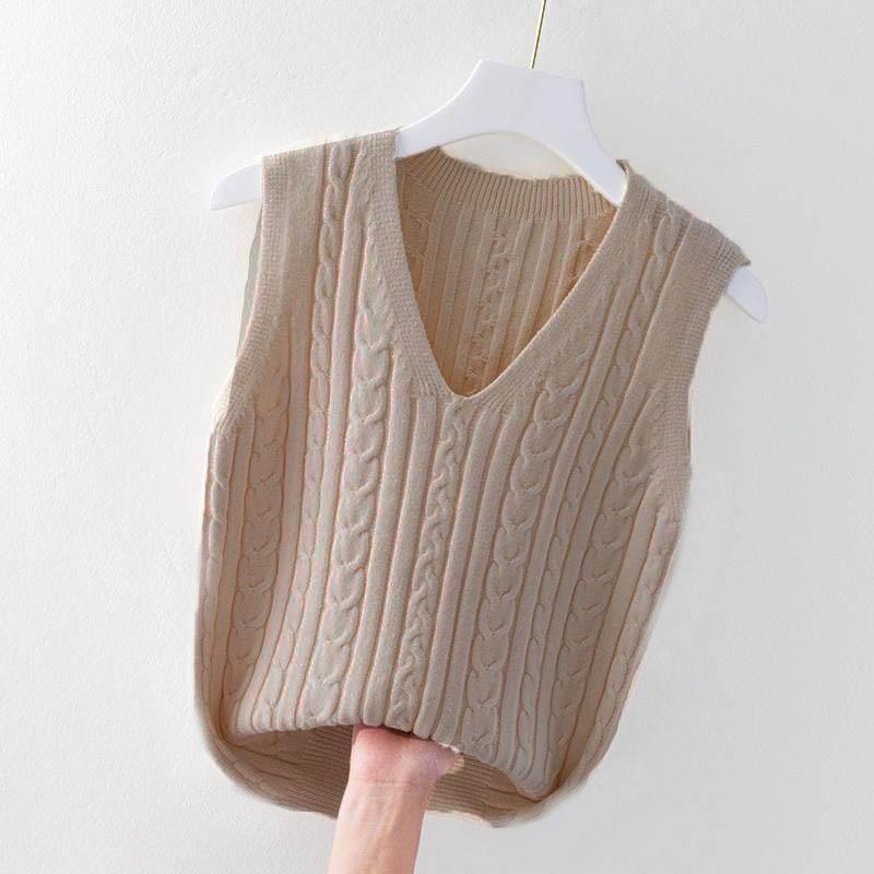 Жаккардовый вышитый трикотажный контрастный топ-майка с V-образным вырезом, студенческий женский жилет без рукавов, свитер-пуловер