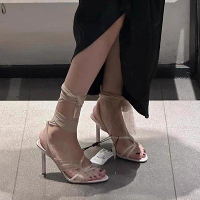 Элегантные туфли на высоком каблуке из тюля в сказочном стиле с перекрещивающимися ремешками женские 2025 новые с круглым носом открытые босоножки-стилет в римском стиле