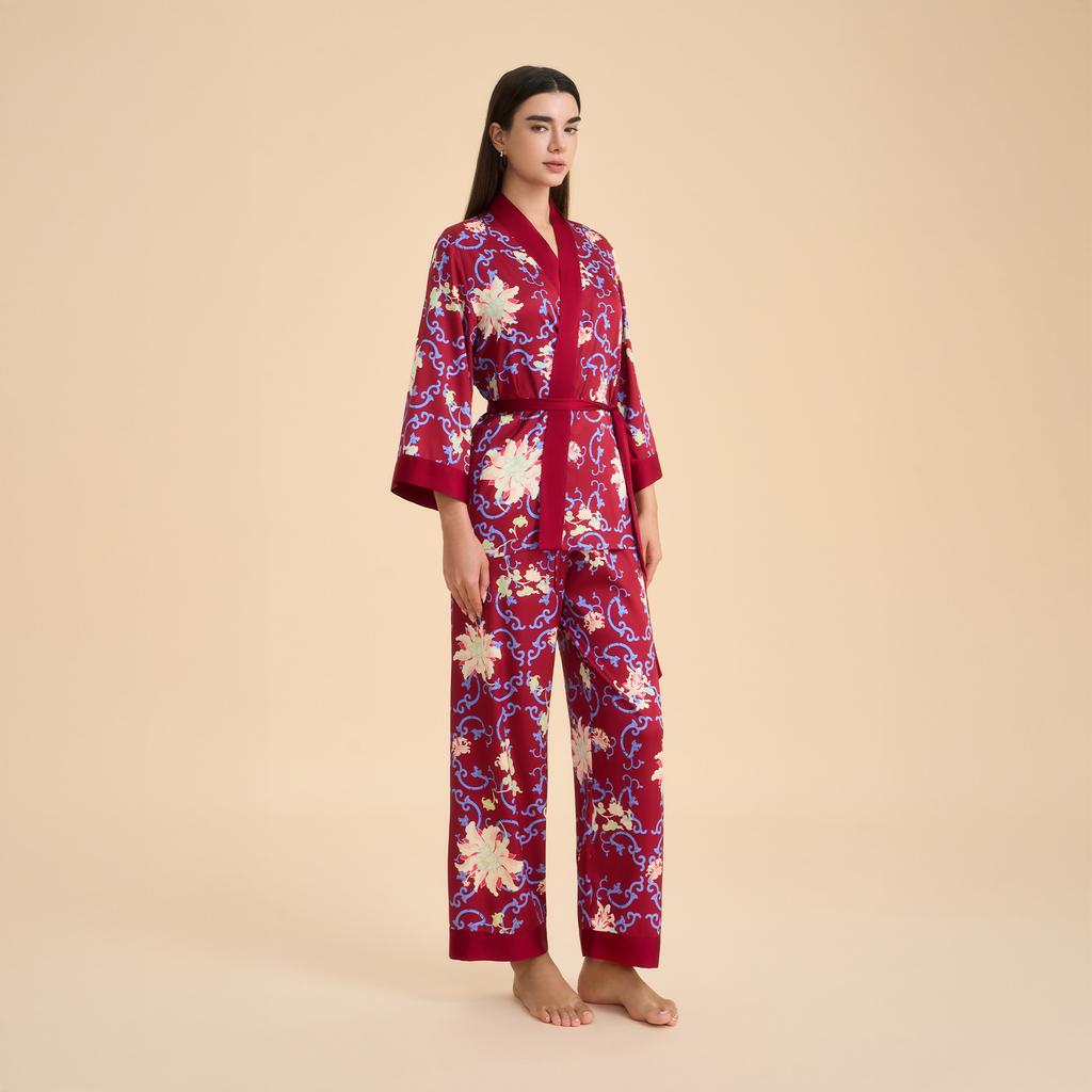 New high-end long-sleeved cardigan pajamas women's spring and autumn flower printing satin chiffon loungewear set TZ1000