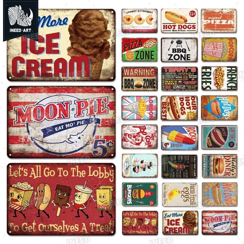 Pizza Zone Metal Poster Tin Plate Ice Cream Hot Dog Vintage Kitchen Iron Painting For Restaurant Party Home Wall Decoration