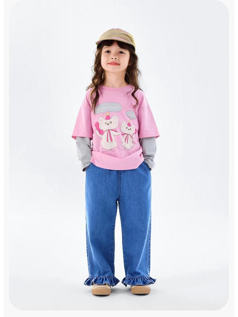 [7A Antibacterial] Dudu Family Girls' Long Sleeve Two-in-One T-shirt - New Spring Style for Little Girls