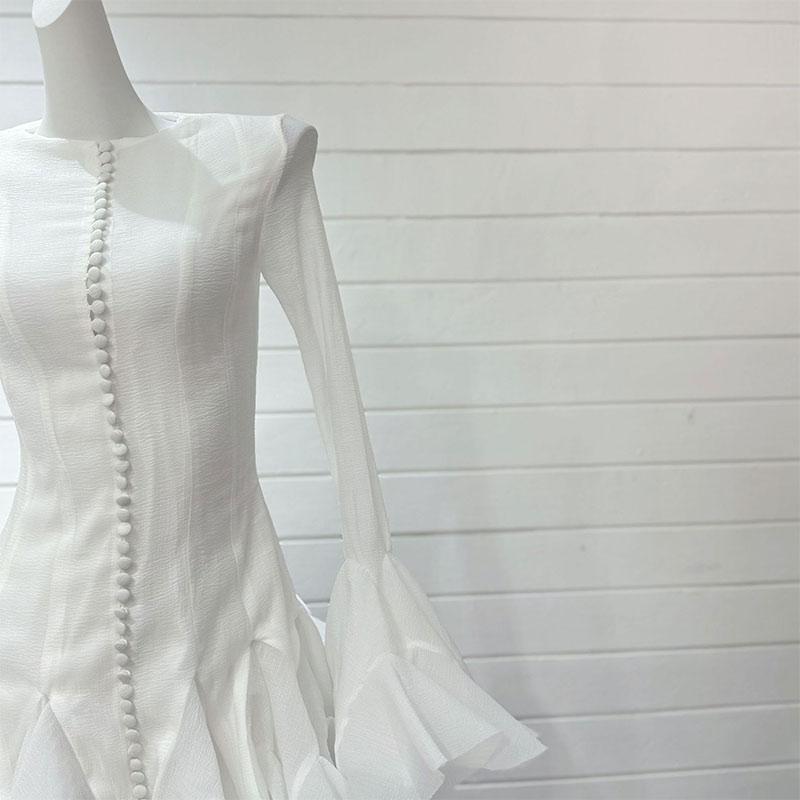 Elegant Ruffles Single Breasted Ruffles Mini Dress Women Flared Sleeve High Waist O-neck Dresses 2025 Lady Party Gowns New