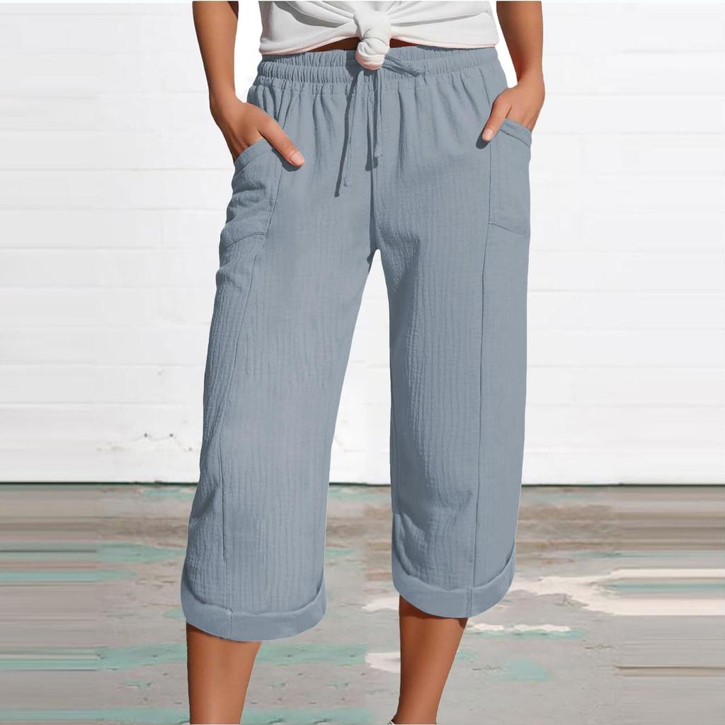 Women's Summer 3/4 Trousers Summer Trousers With Pockets Causal Loose Trousers Fabric Trousers Sport Leisure Beach Trousers