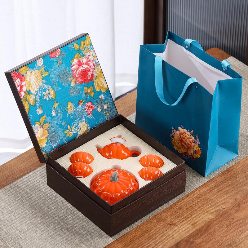 Керамический чайный сервиз в форме тыквы, подарочный набор, китайский ретро-чайный сервиз, набор из чайника и чашки