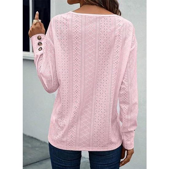 GMXIA Женская модная повседневная рубашка с V-образным вырезом и длинным рукавом, на пуговицах, с ажурной кружевной вышивкой
