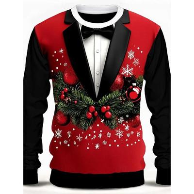 Мужская футболка с круглым вырезом и принтом рождественской елки, снежинки, галстука-бабочки, 3D-принт, повседневная футболка на рождественскую тематику, красные топы с длинными рукавами