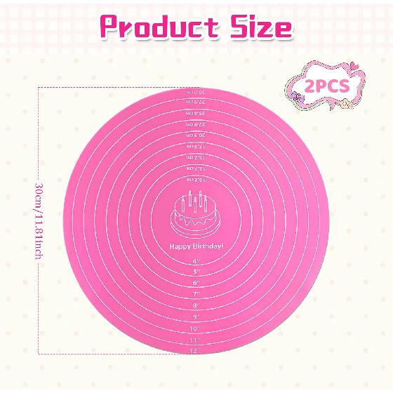 2 PCS 12 Inch Silicone Cake Mat, Pink Round Baking Mat with Measurements Reble Cake Turntable Mat Non-Stick Heat Resistant Pastry Mats for Rolling