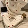 Pajamas Women's Autumn and Winter Small Coral Ins Thickened Plus Velvet Strawberry Flannel Feet Elastic Home Set
