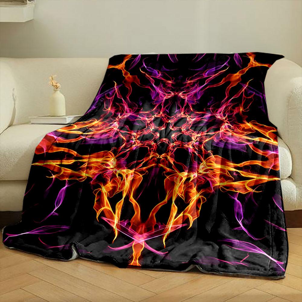 Symmetrical fiery pattern with vibrant orange and purple flame-like shapes. for all seasons blanket lunch break throw gift