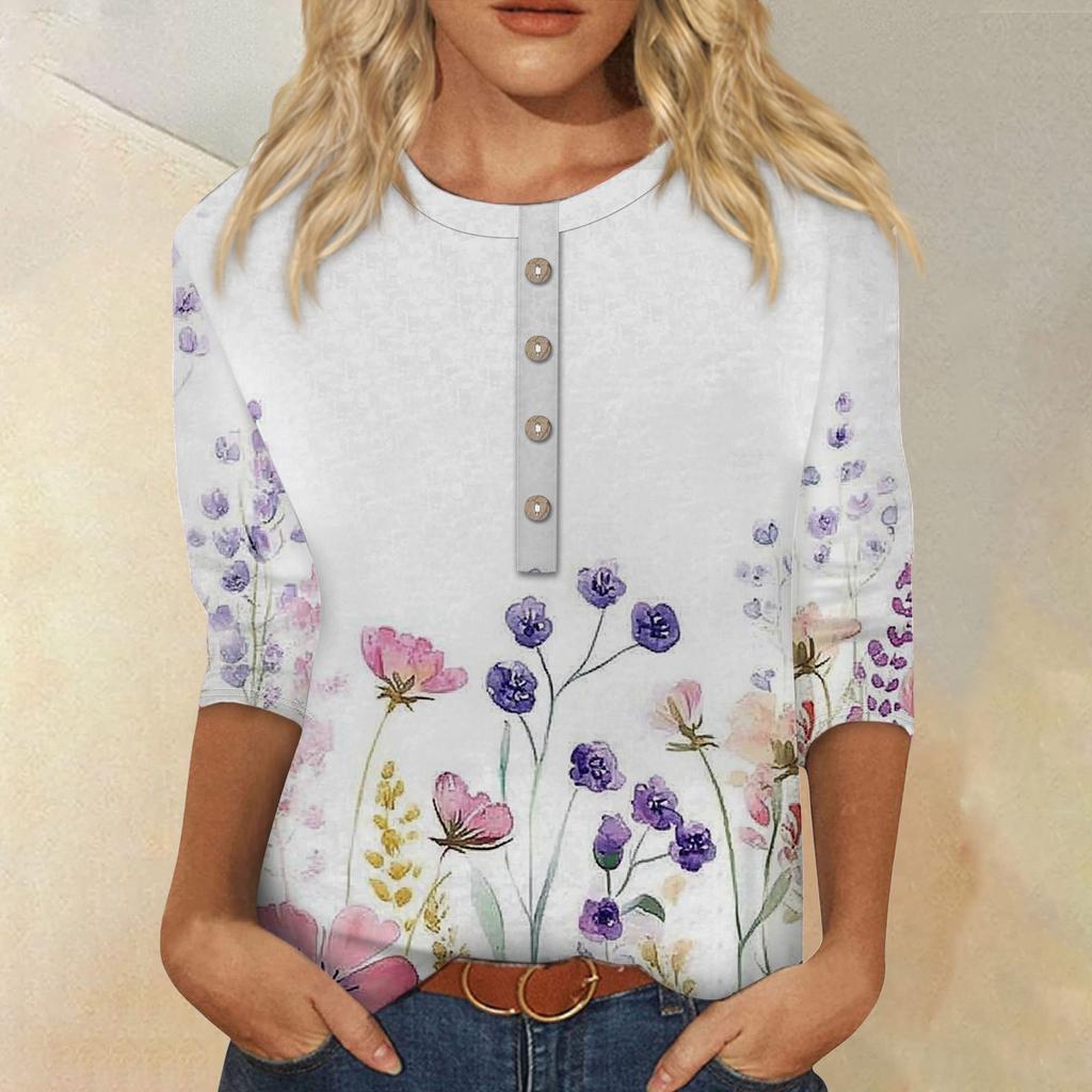 Женская мода повседневная 3/4 рукава цветочный принт пуловер круглый вырез топ повседневная одежда