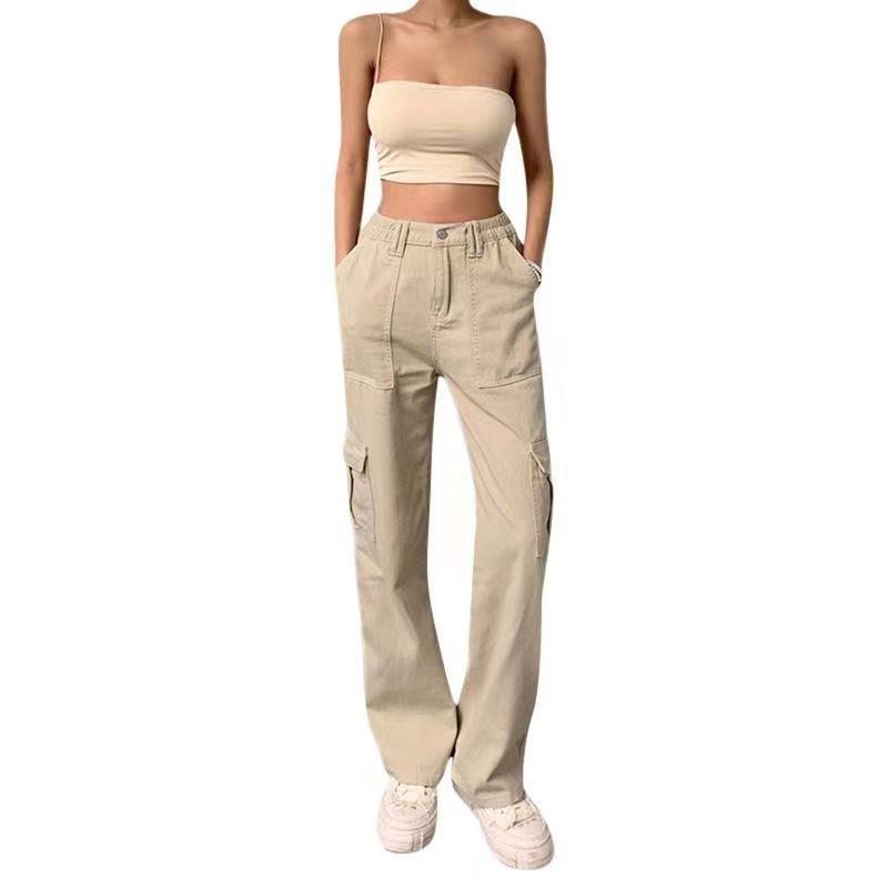 Womens High-Waisted Straight Leg Cargo Pants With Multiple Pockets Cotton Denim Workwear