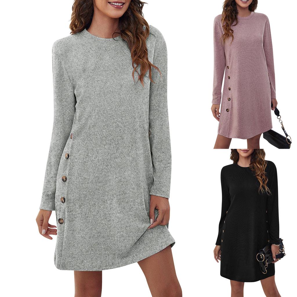 Women's Round Neck Casual Button Loose Long Sleeve Dresses
