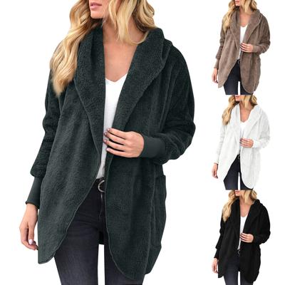 Женская осенне-зимняя плюшевая куртка средней длины с отворотами и капюшоном