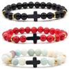 Natural Lava Stone Women Bracelets 8mm Black Onyx Beads Hematite Cross Charm Bracelet & Bangle Men Meditation Prayer