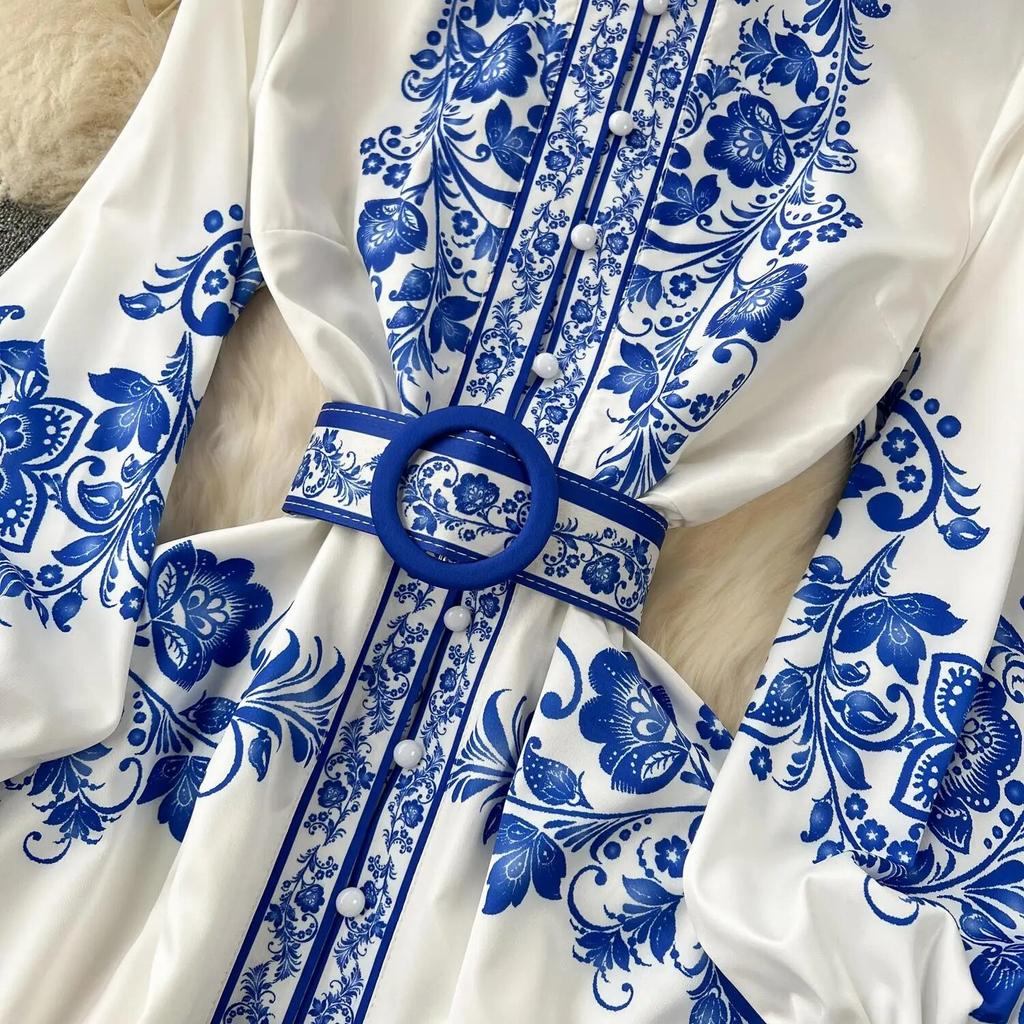 New Fashion Runway Red And White Porcelain Dress Women's Stand Long Lantern Sleeve Blue Floral Print Shirt Robe Dresses