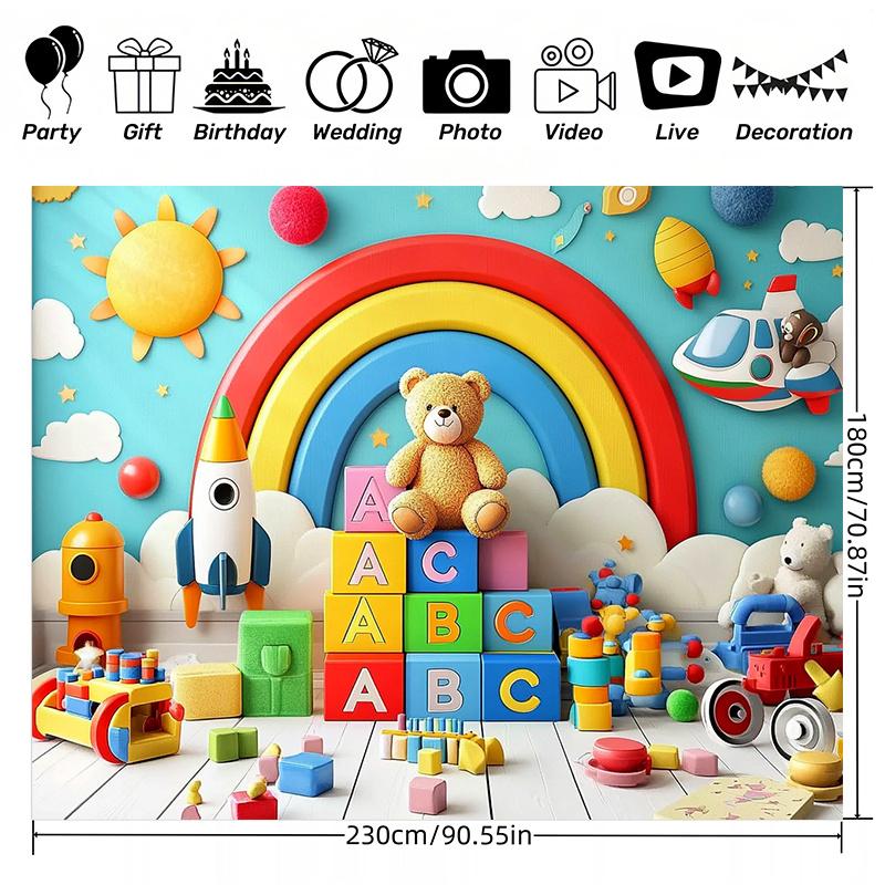Children's room colorful rocket and teddy bear background fabric - polyester fiber, suitable for children's decoration