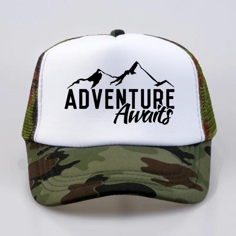 ADVENTURE AWAITS A Camping baseball cap Summer Mesh trucker caps Cool Leisure outdoor Unisex snapback hat