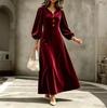 Women's Velvet Long Dress with V Neck and Sleeves for Elegant Fall and Winter Party Wear