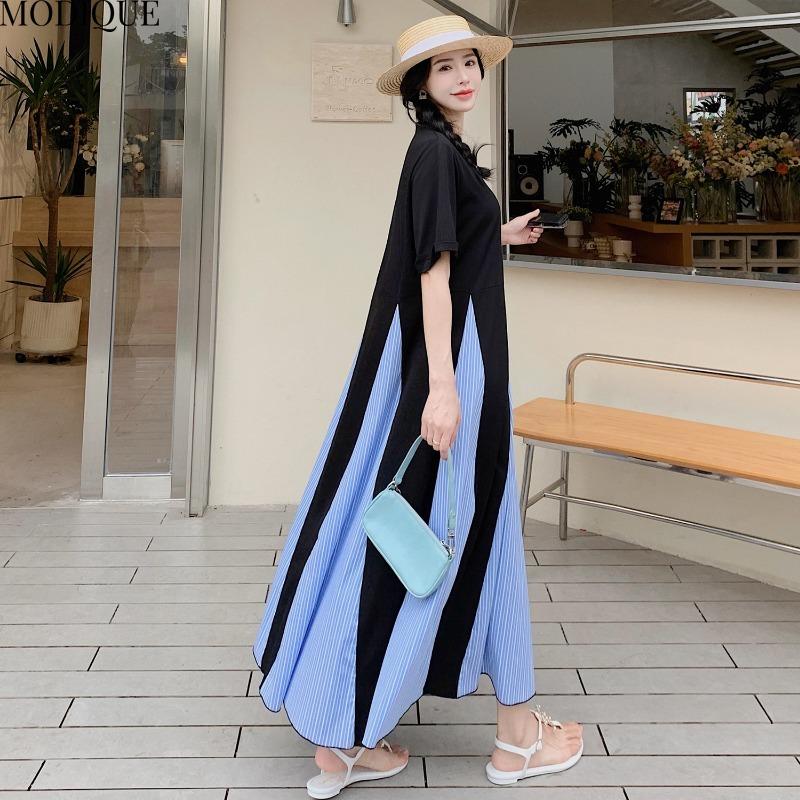 MODIQUE Summer Plus Size New Women Loose Color Contrast Fishtail Skirt A-Line Patchwork Long Dress Female Casual Short Sleeve O-Neck Dresses