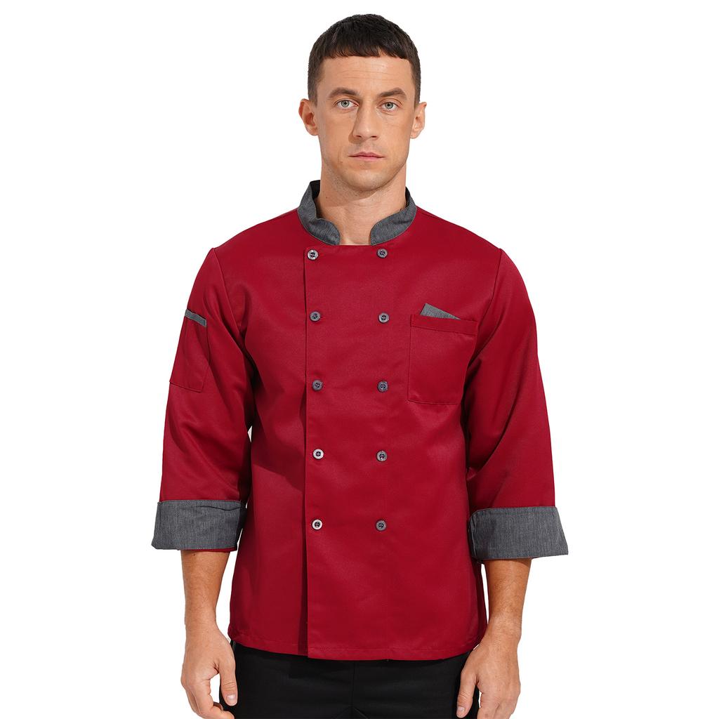 Unisex Double Breasted Chef Coat Long Sleeve Stand Collar Contrast Trim Cook Jacket for Restaurant Hotel Kitchen Staff