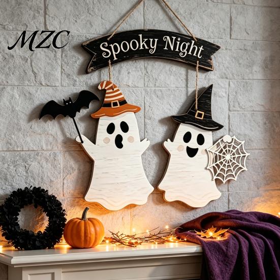 Spider Web Embellishments Halloween Ghost Door Sign with & Bat Design, Wooden Front Hanger Hemp Spooky Party Supplies Rope, Night Hanging Decoration