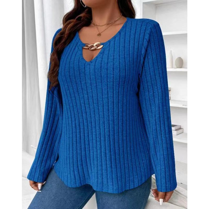 YYFS Women's Fashion Plus Size Casual Fall Winter Solid Color Print Long Sleeve V-Neck Pullovers & Long Sleeves