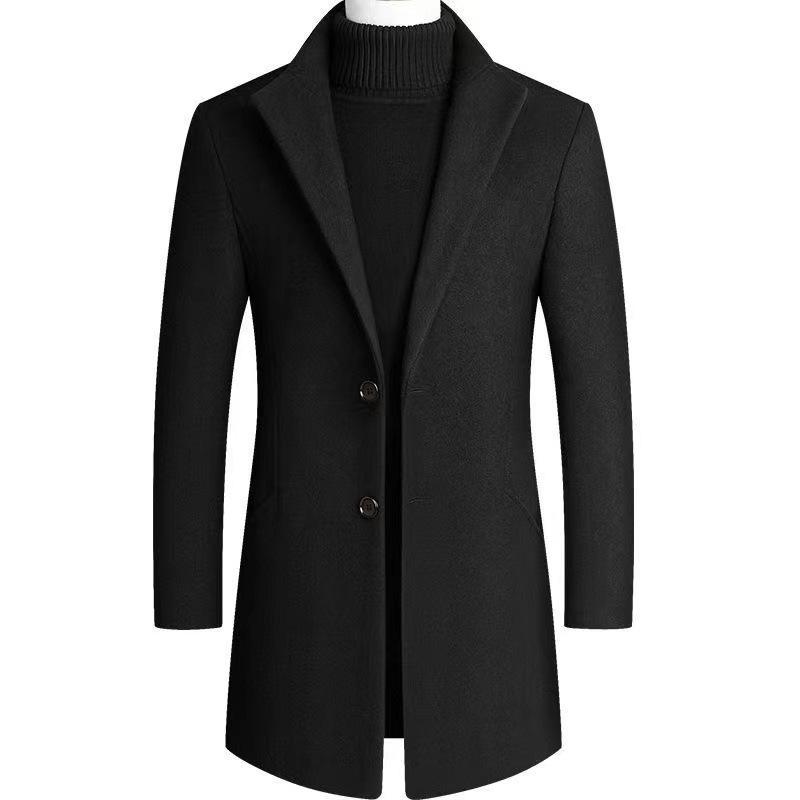 Autumn and Winter Men's Medium and Long Woolen Coat Men's Slim-fitting Solid-color Lapel Trench Coat