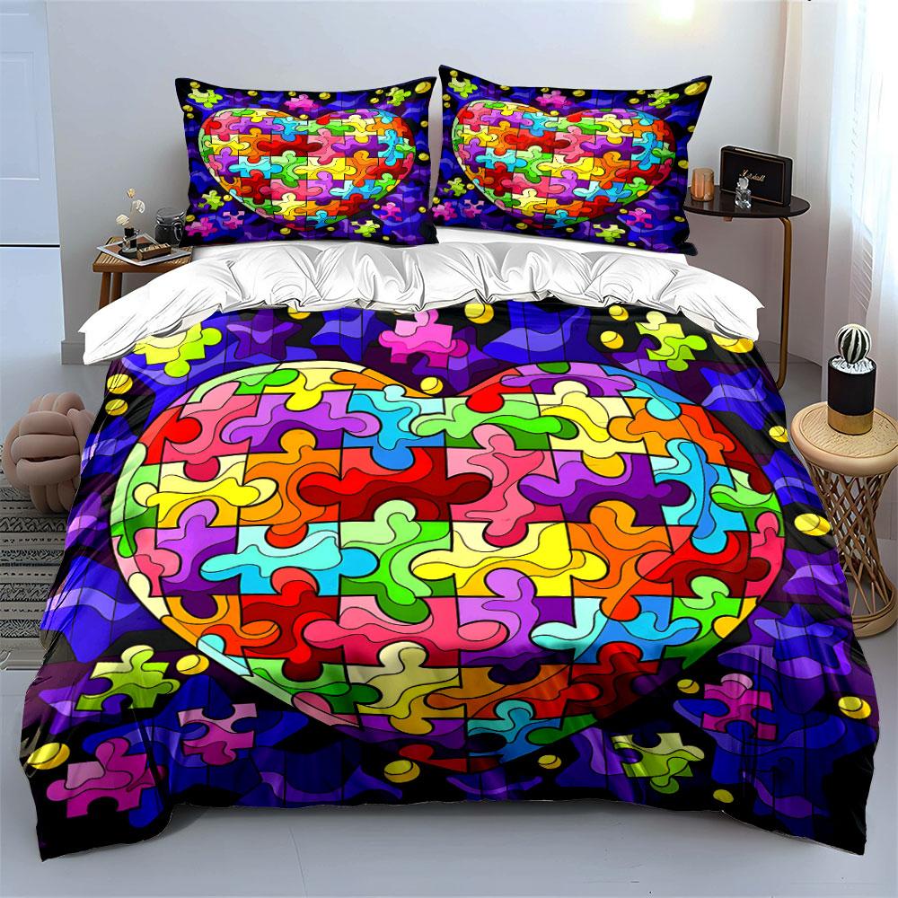 "Colorful Puzzle Heart Decor Set" Bedding Set with 1 Duvet Cover 2 Pillowcases Single Double King Queen, Gift
