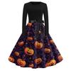 Women's Casual Long Sleeve Round Neck Dress Vintage Style Halloween Print Skater Dress with Waist Tie Belt Retro Swing Midi Dress