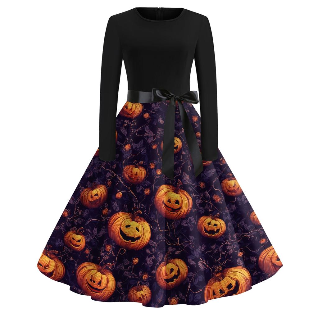Women's Casual Long Sleeve Round Neck Dress Vintage Style Halloween Print Skater Dress with Waist Tie Belt Retro Swing Midi Dress