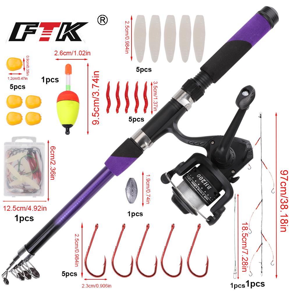 FTK Complete Fishing Kit: 1.8m/5.91ft Lightweight Fibreglass Spinning Rod and Reel Combo Cool Pack - for Fresh and Salt Water, Hooks