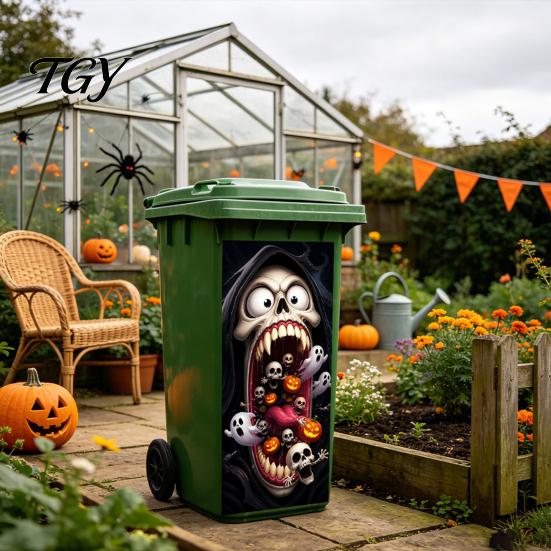 Halloween Yard Horror Accessories Wall Stickers Trash Can Decal Stickers, Spooky Skull Ghost Durable Facade Decals for Outdoor Garbage Cans,