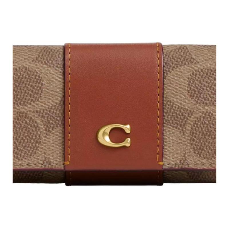 Coach 11 Латунная застежка-кнопка для клеймения Покрытие из канваса Чехол для ключей Мини Женский Коричневый с карамельным Коричневый и карамельный