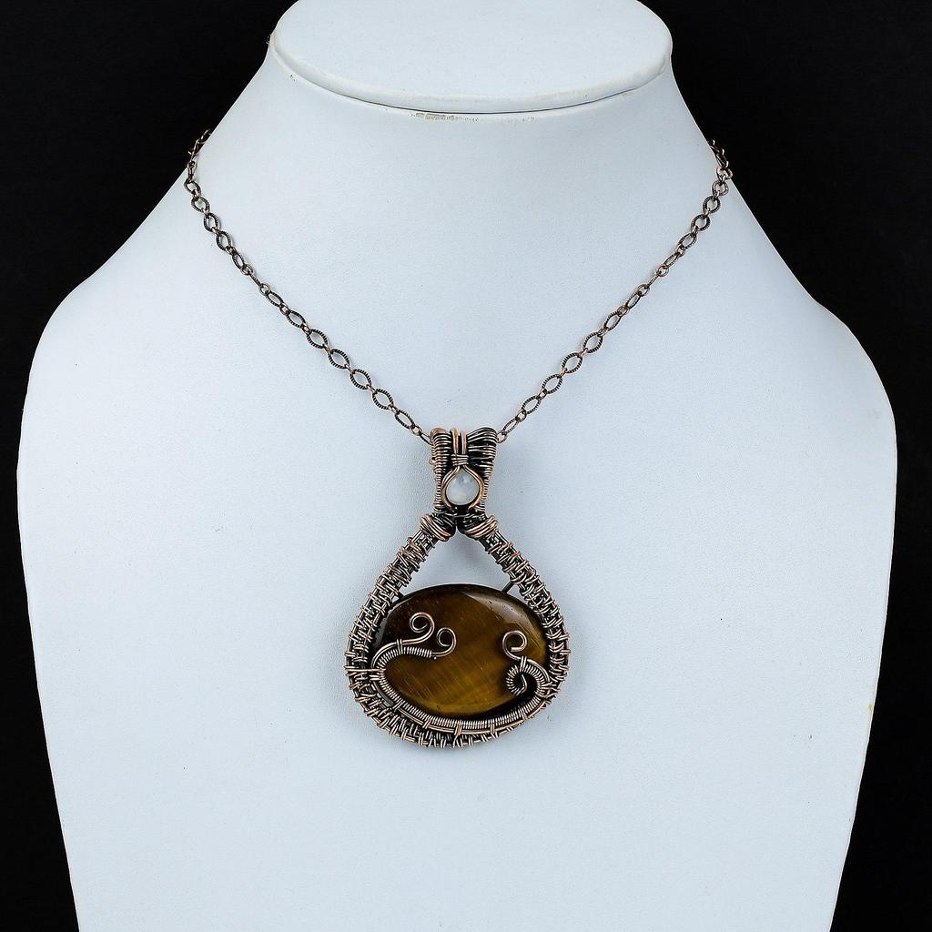 Тигровый глаз драгоценный камень из чистой медной проволоки, завернутый в подвеску ручной работы, ювелирный подарок