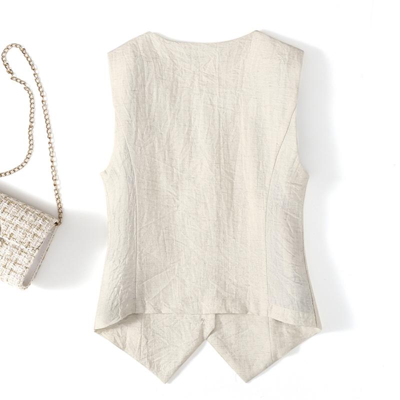 Linen Vest Thin Women's Vest Summer New High-end Slim Short Sleeveless Suit V-neck Waistcoat Vest 009#