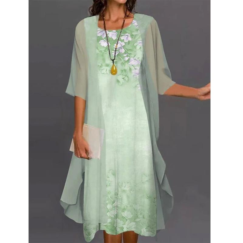 Плюс Размер Модное женское вечернее платье с принтом 2 шт. Кардиган Элегантные платья макси с круглым вырезом Повседневные длинные шифоновые платья Модные комплекты