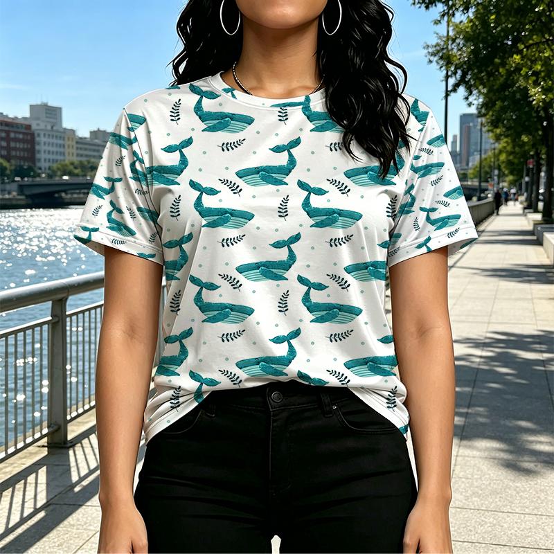 Women's Short-Sleeve T-Shirt American Basic Whale Series,Soft Cotton Fresh Design,Fashionable Versatile Casual Top for Daily Outings