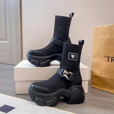 Мода 2024 года, новый бренд, женская обувь в стиле панк, туфли на платформе, рок-ботинки, минималистский стиль, эластичная ткань, толстая подошва, уличный снимок, рыцарь